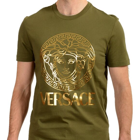 Versace Men's Olive Green Short Sleeve Gold Logo Print T-Shirt US